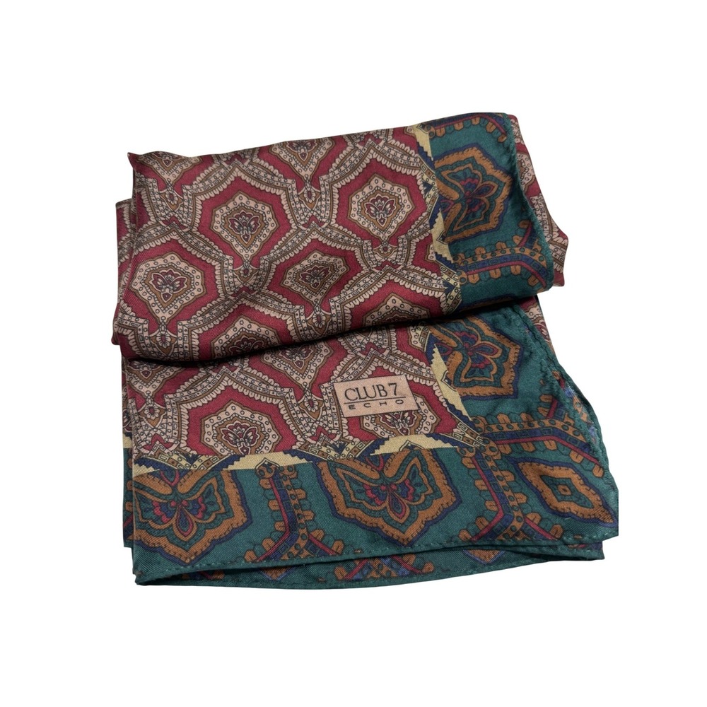 Club 7 VTG Echo Scarf Silk OS Burgundy Teal Good Geometric Print 35" Rectangular
